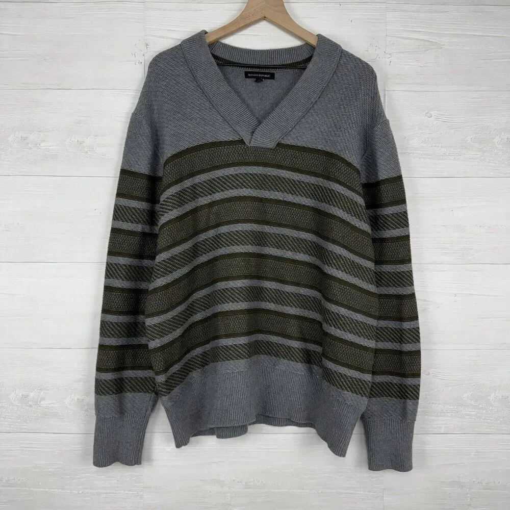 Banana Republic Men XL Traveler Stripe Shawl Collar Pullover Sweater Gray Cotton